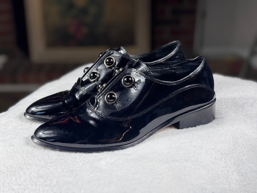 Antonio Melani Black Patent Leather Studded Loafers Women’s Size 6 M Pointed Toe